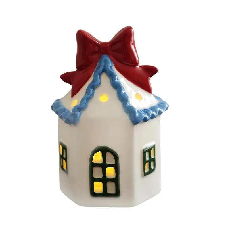 Christmas Desktop Red And White Color Ceramic Glowing Village House LED Light Up Porcelains Statue Figurine Festival Home Decor