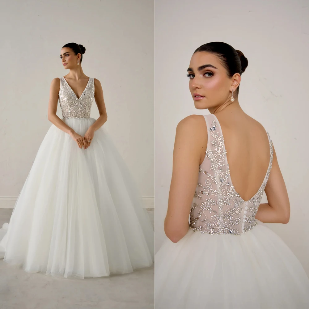 A Line Bride Gowns Elegant Strap Rhinestone Tulle Backless Bridal Dresses For Formal Wedding Custom Made