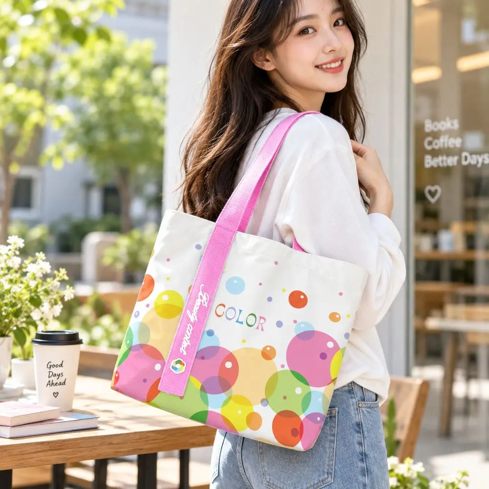 Fashion Bubble Pattern Canvas Bag Pink Handle Ribbon Detail Shoulder Bag Colorful Lunch Bag Students
