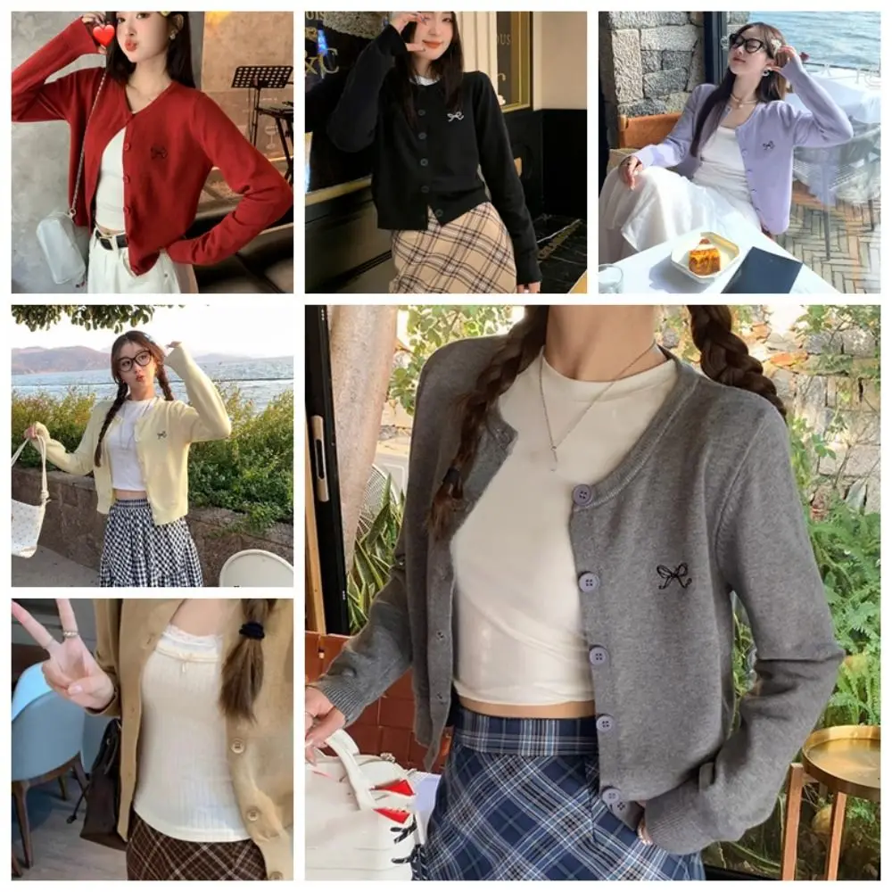 Maglioni all'uncinetto con fiocco solido primaverile cardigan larghi a maniche lunghe donna Y2K stile preppy autunno primavera dolce maglieria streetwear