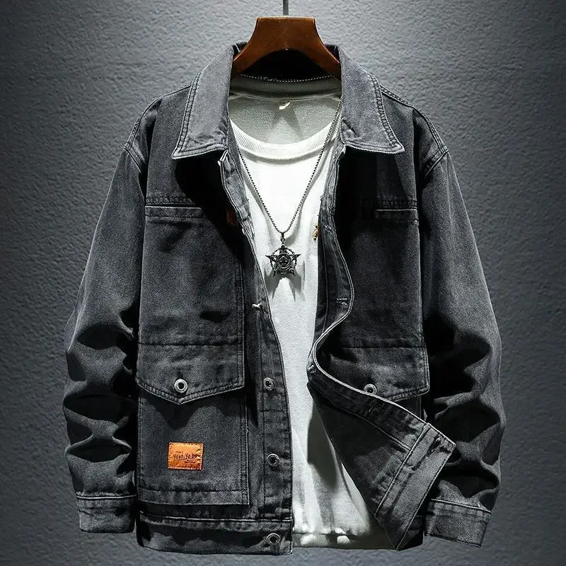 Autumn Cargo Denim Jackets Man Gray Jeans Coat for Men Button Blue Japanese of Fabric Low Cost Original Clothing Outwear Trendy