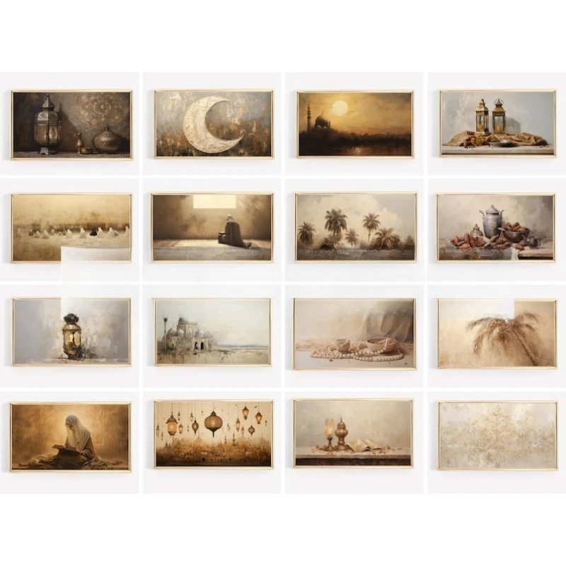 

2D/Flat Frameless Islamic Neutral Ramadan Wall Art Painting, Islamic Modern Middle Eastern Canvas Poster for Living Room Decor