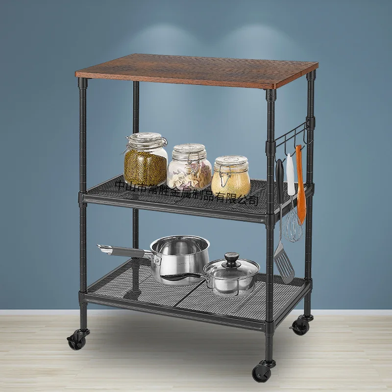 Guangdong factory direct sales kitchen three-layer movable black storage rack with wheels with retro wooden board restaurant tro