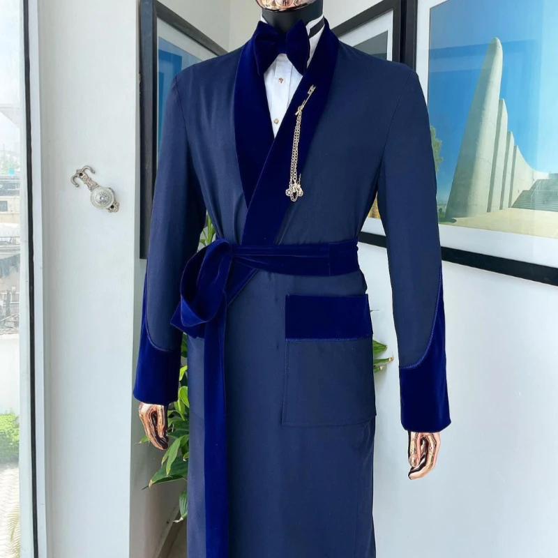 Tailor Made Royal Blue Men Suit Long Jacket 1 Piece with Belt Men Coat Velvet Blazer Work Wear Formal Wedding Groom Jacket