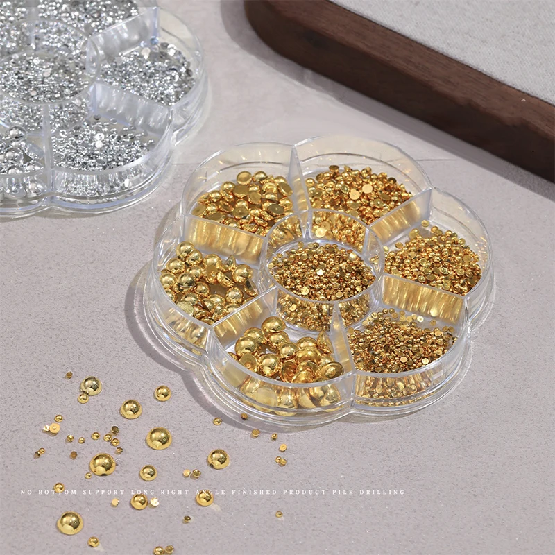 ネイルアートチャーム 7 グリッドシルバーゴールドパールネイルアートデコレーションホワイト半円平底混合サイズネイルアート Diy アクセサリー