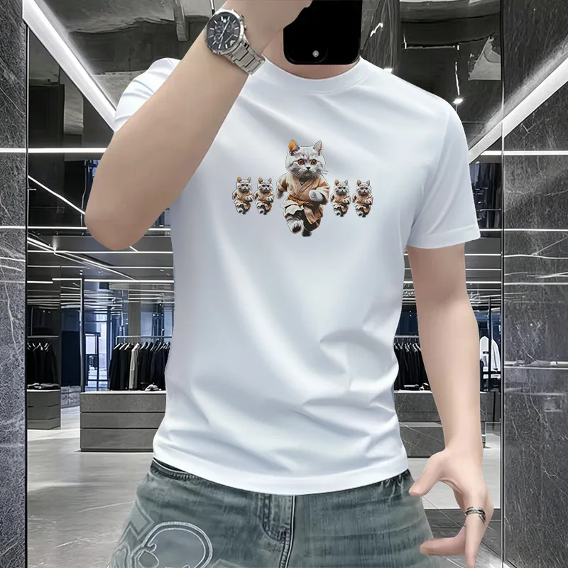 

Men Round Neck T Shirt Luxury European Style Cat Print Slim Fit Casual Versatile 3D Embossed Tees Fashion Trend Male Clothing