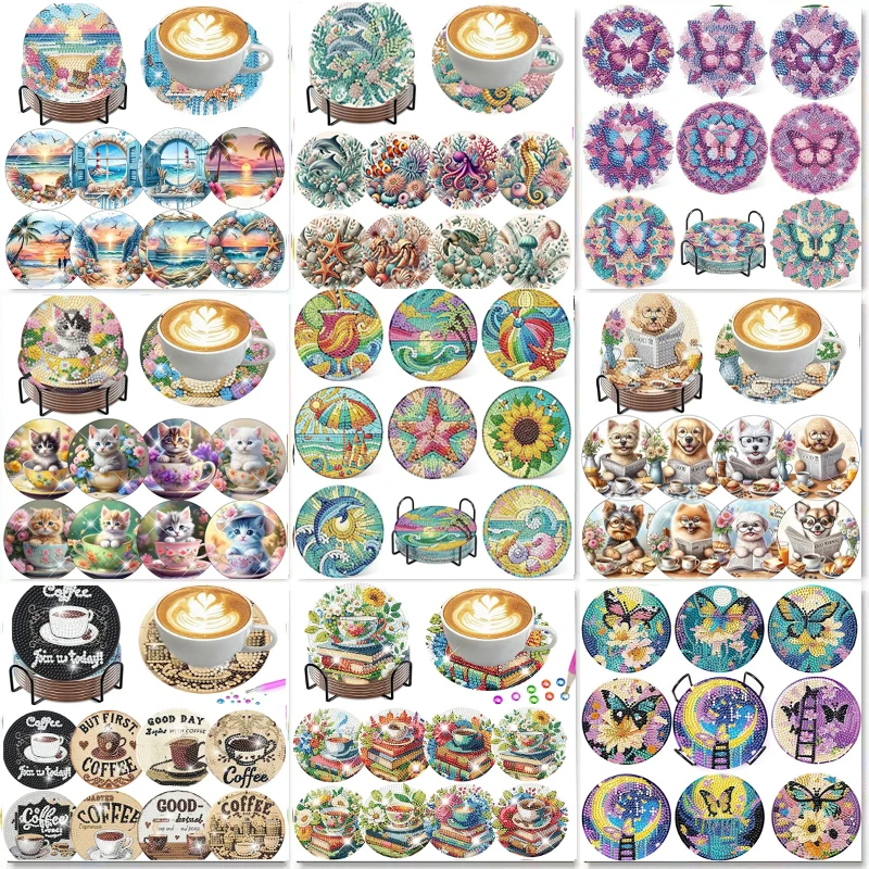 8-teiliges Diamant-Malerei-Untersetzer-Set aus Acryl (mit Halterung) – DIY Diamantkunst-Dekorations-Handarbeitsset