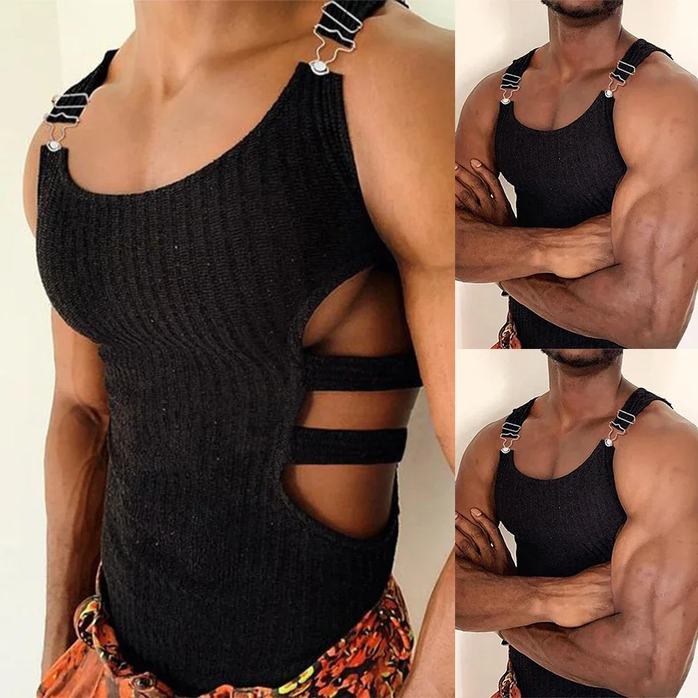 Mens Knitted Slim Crop Tops Fashion Side Hollow Sleeveless Adjustable Vests Erotic Sweatshirt Muscle Tank T Shirt Muscle Vest