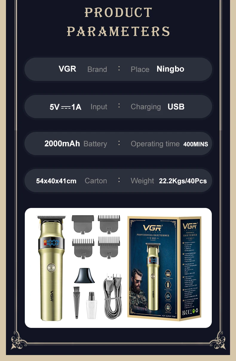 VGR 991 ماكينة تشذيب الشعر الاحترافية LED ماكينة قص الشعر القابلة لإعادة الشحن ماكينة حلاقة بقفل السفر ماكينة تشذيب كهربائية للرجال