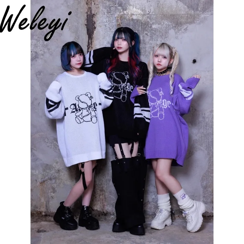 

Mine Series Mass Production Series Bear Purple Knitted Jumper Women 2024 Fall New Punk Subculture Loose Midi Knitted Sweaters