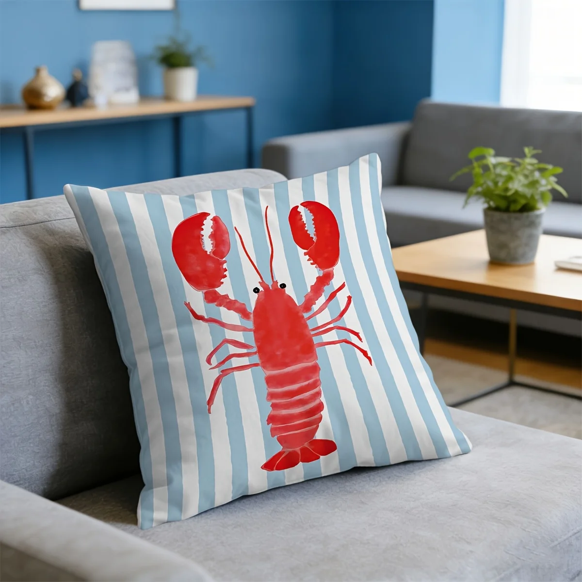 Red Lobster Blue Stripes Double Sided Cushion Cover, Coastal Nautical Pillowcase for Home Sofa Bedroom Car Decor, 1PC