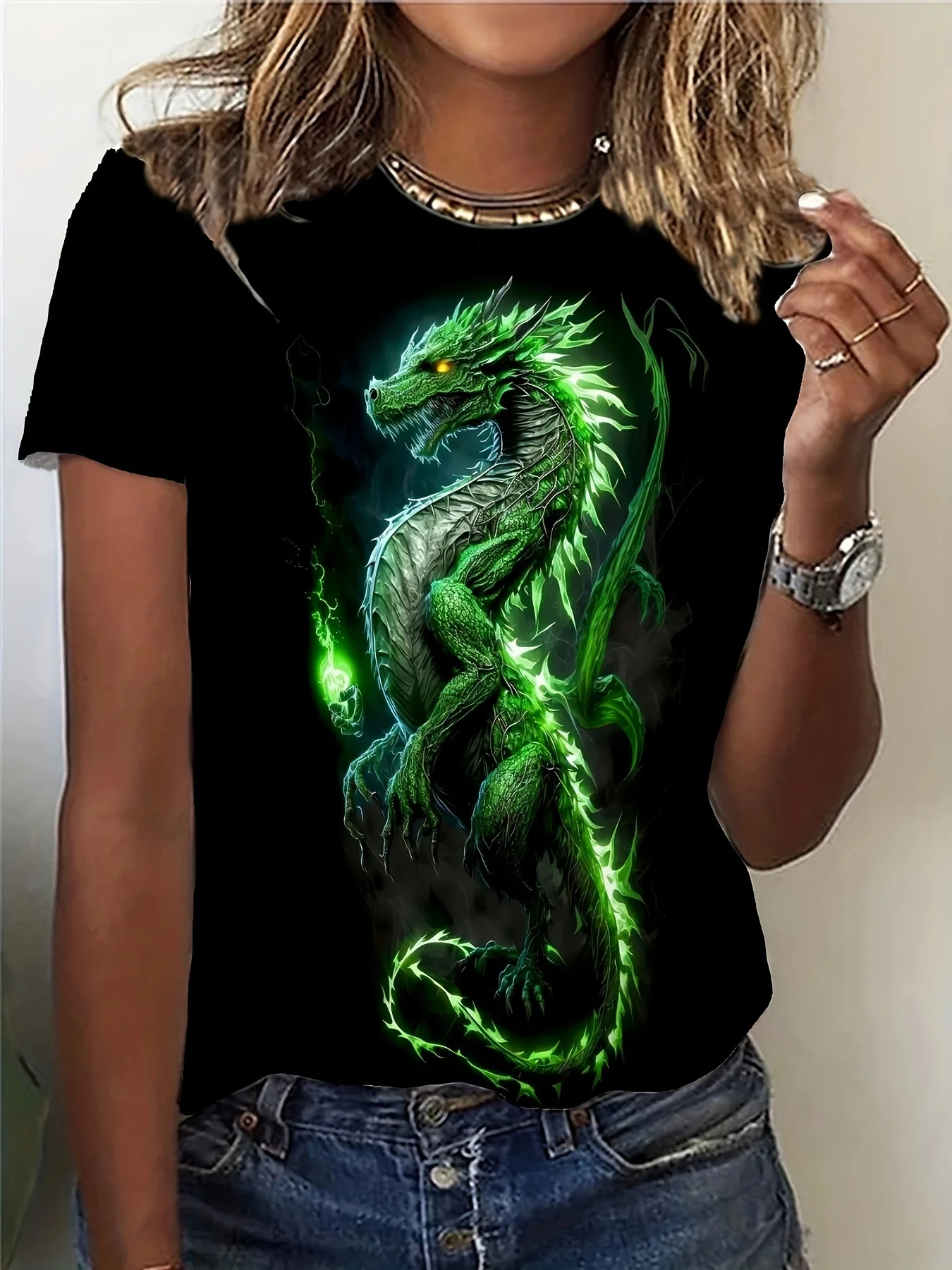 Black Women's Tee - Glowing Green Dragon Graphic, Mythical Fiery Beast Design for Casual Daily Wear