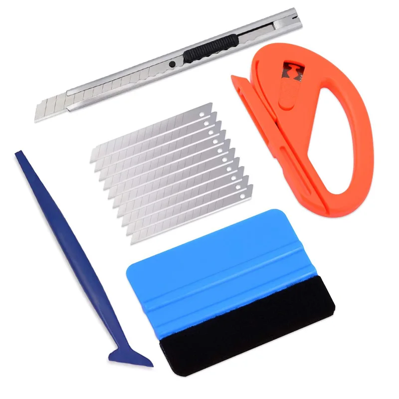 4Pcs Car Vinyl Wrap Window Tint Film Tool Kit Felt Squeegee Retractable Utility Knife 9mm Blades Vinyl Cutter Go Corner Squeegee