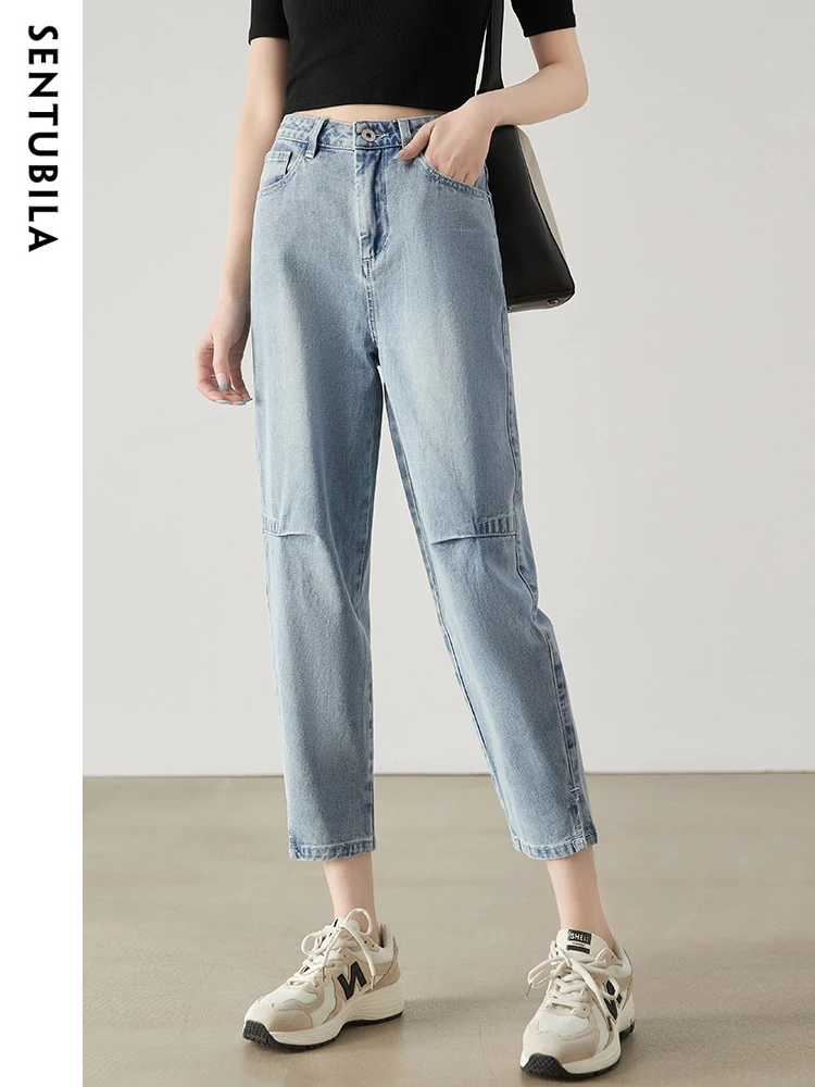 

SENTUBILA New Ankle Length Harem Jeans for Women 2024 Summer High Waist Slit Hem Vintage Classic Washed Denim Loose Jean Pants