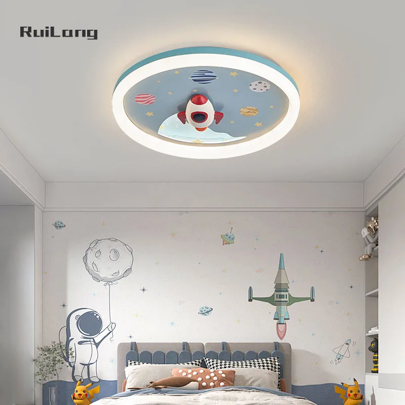 Creative Rocket Ceiling Light For Kids Room Boys Bedroom Study Blue Cartoon Space Planet Chandelier Children Room Ceiling Lamp