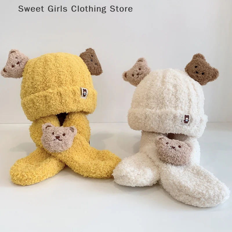 【XJY】وشاح قبعة للأطفال للفتيات والأولاد مجموعة شتوية دافئة على شكل دب كرتوني ملابس مقاومة للبرودة للأطفال وشاح قبعة بدون إطار