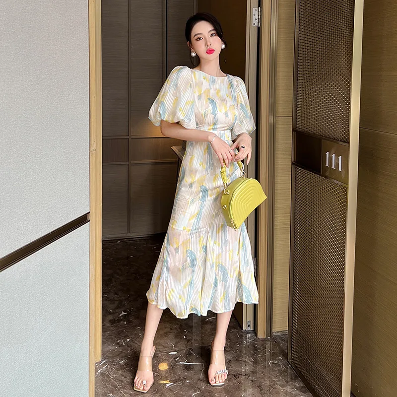 

Coigarsam Long Dress Women New Office Lady French Style Print Puff Sleeve Zipper O-Neck High Waist Yellow Dresses