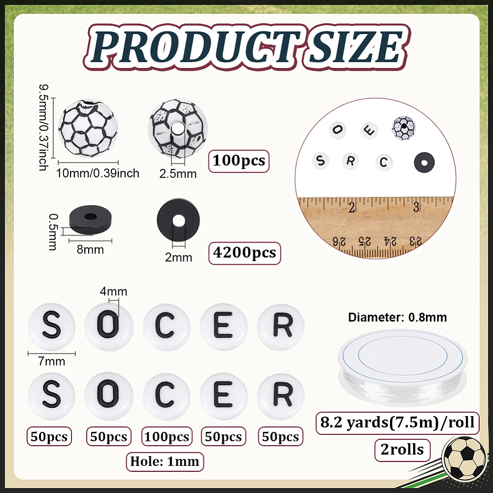4400pcs Soccer Ball Beads for Bracelet Making Acrylic Sport Bead Black Polymer Clay Beads Letter Bead with Elastic Thread