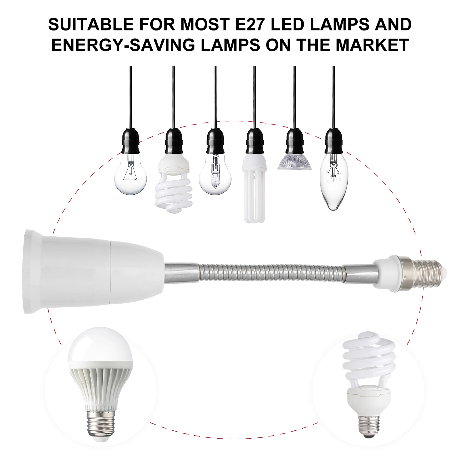 

2 pcs Lamp Holder Extension Hose Bendable Socket Extender Screw Adaptor Light Bulb Adapter Ring Durable Easy Install Compatible