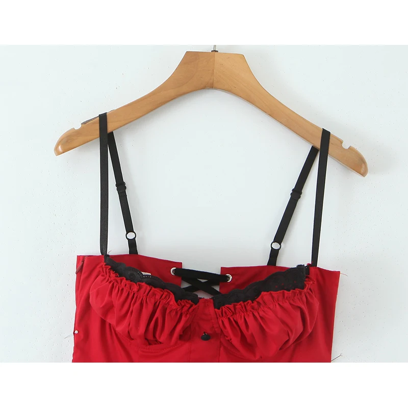 YENKYE Sexy Vrouwen Zwart Gesplitst Rode Sling Mini Jurk Voorste Knop Lace Up Zoom Ruche A-lijn Zomerjurken 2025, Party Gewaad