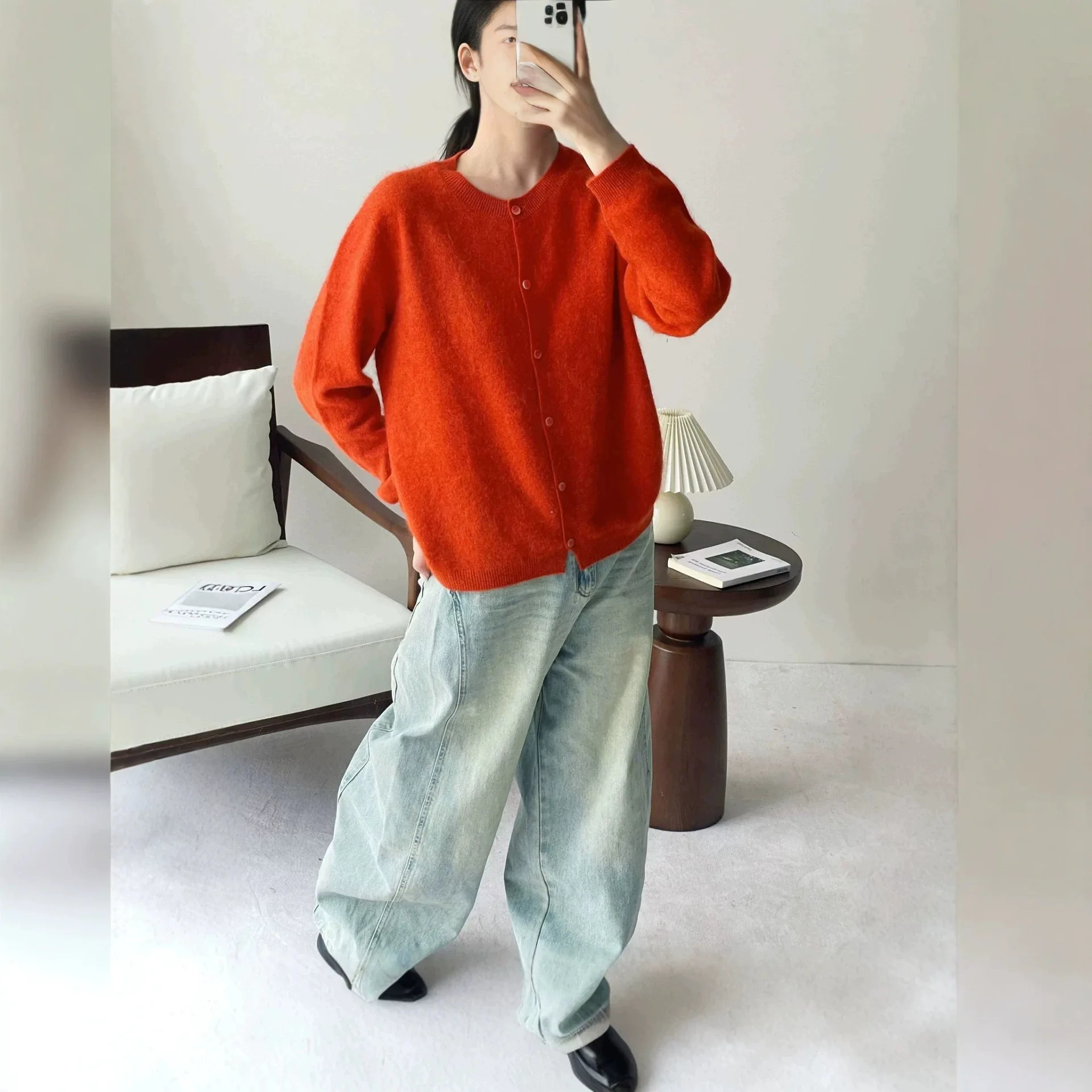Cross-border autumn and winter new style round neck lazy long sleeve dopamine color wool silk cashmere brushed cardigan