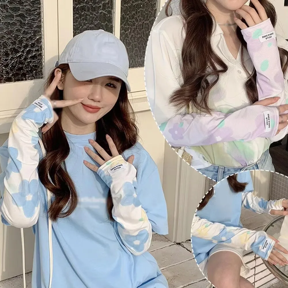 Elastic Printed Ice Silk Arm Sleeves UV Protection Ultrathin Ice Silk Long Gloves Half Finger Breathable Cooling Sleeve Sports