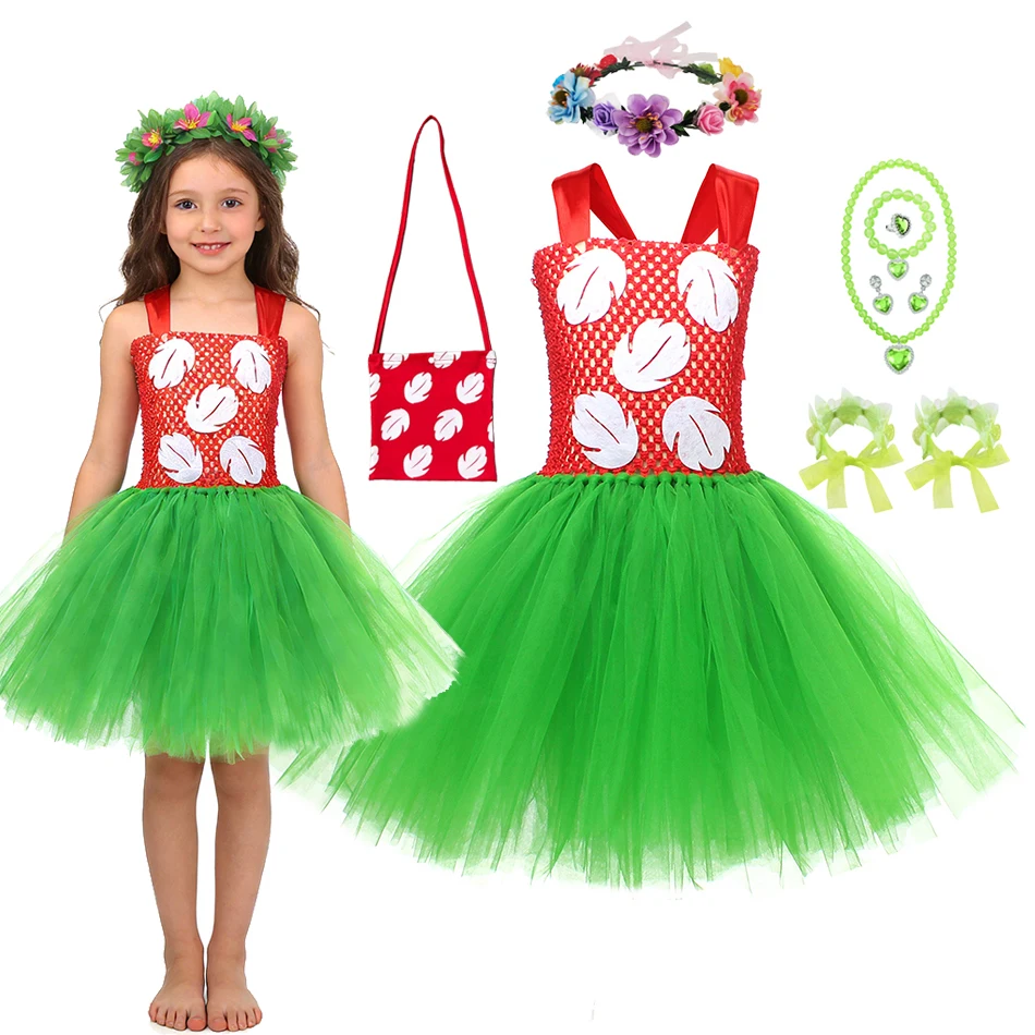 Hawaiianisches Kleid für Mädchen, rotes Blatt-Tutu-Kleid mit Blumen-Stirnband, Handtasche, Schmuck, Handgelenk-Corsagen, perfekt für Karneval und Luau