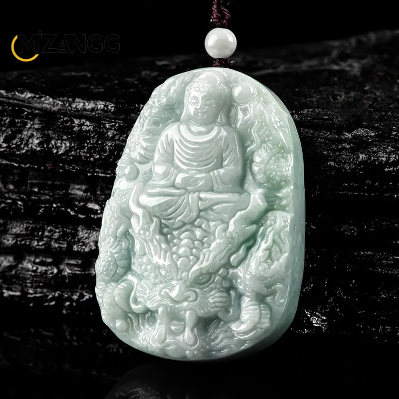 

Natural Myanmar Jadeite Kowloon Protector Pendant Riding Dragon Tathagata Buddha Men's Jade Necklace Hand-carved Jewelry Amulet