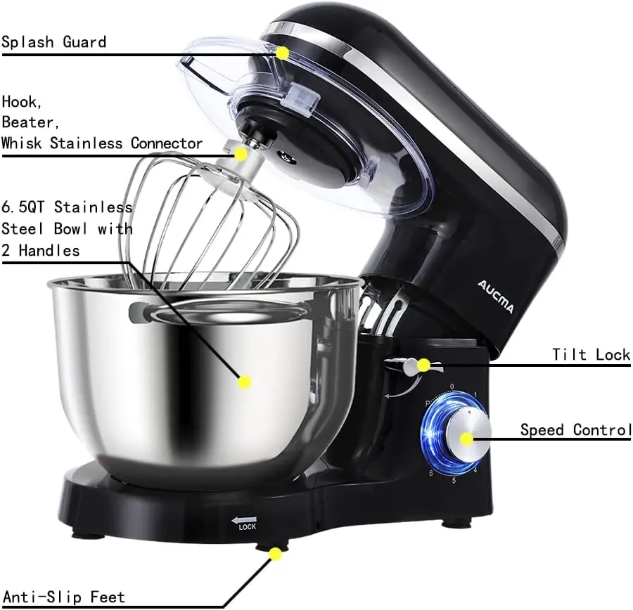 Tilt-Head Stand Food Mixer, Misturador Elétrico Cozinha com Gancho de Massa, Fio Chicote e Batedor, Preto 6.5-6-Speed, 660W