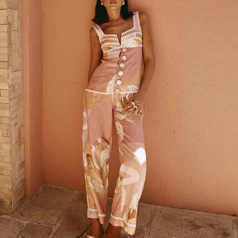

Chic Sleeveless Halter Vest & Pocket Pants Suits Fashion Printed Slim Two Piece Sets Elegant Lady Button Beach Vacation Outfits