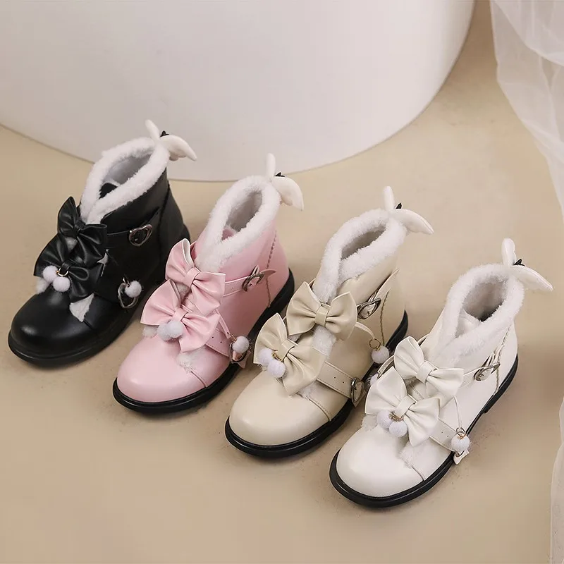 Dolce inverno giapponese Lolita stivali soffici punta tonda Kawaii Anime Cosplay scarpe da donna stivaletti in pelliccia calda Loli stivaletti rosa