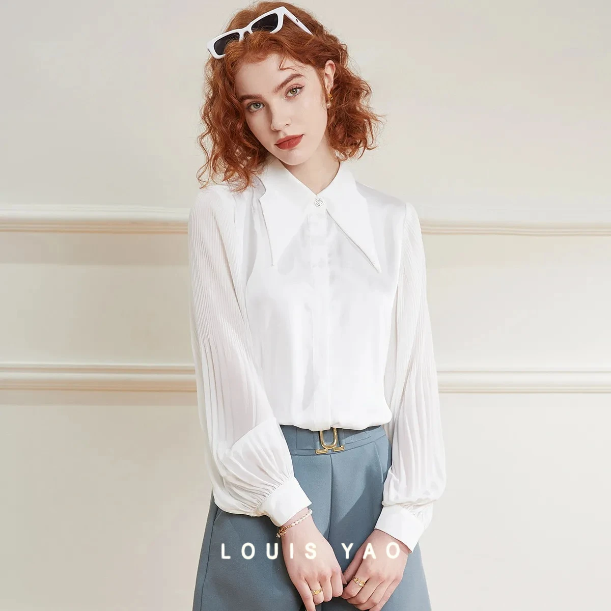

Butterfly Lapel Women's Shirt 2025 Spring Autumn Pressed Pleated Long Sleeve Solid Colour Commuter Blouses Chic Street Tops