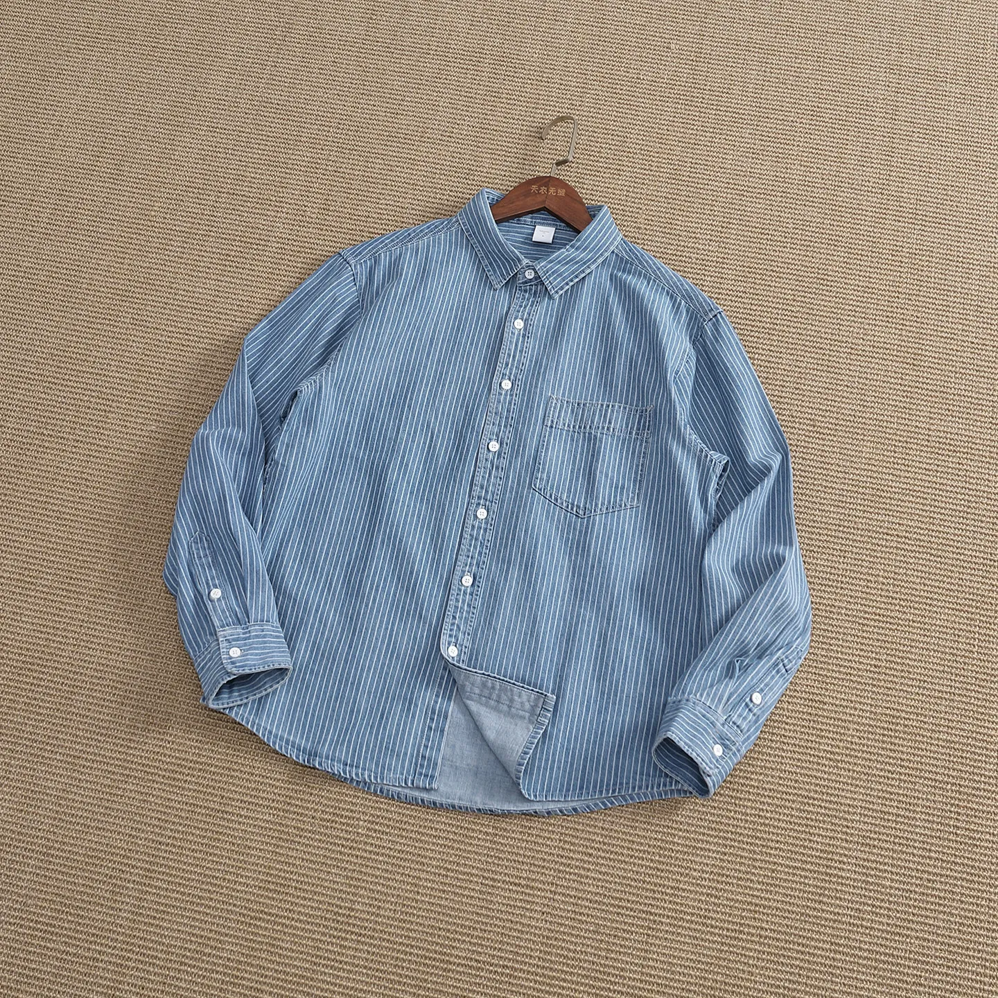 100% cotton American retro vertical striped denim shirt men's long-sleeved shirt youth daily casual work wear outer shirt