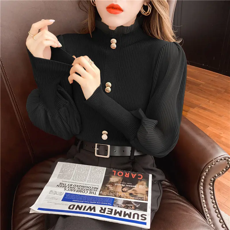 Temperament Autumn Sweaters Women\'s Mock Neck Solid Button Chiffon Patchwork Lantern Sleeve Fashion Slim Long Sleeve Knit Tops