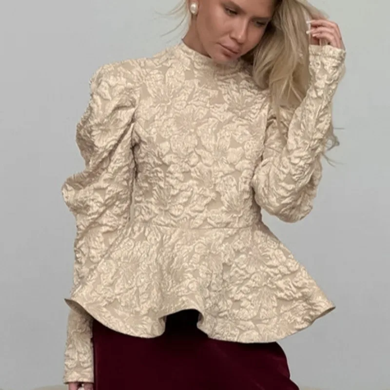 Lemongor feminino cor sólida texturizado jacquard peplum topos 2026 nova primavera puff mangas fino ajuste elegante festa zíper blusas