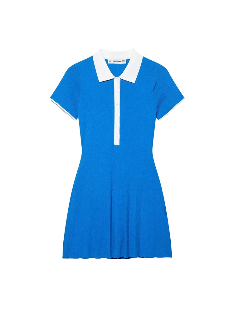 KUCLUT Women Fashion Blue Pleated Knitted A-Line Mini Dress Vintage Lapel Neck Short Sleeves Female Chic Lady Dresses