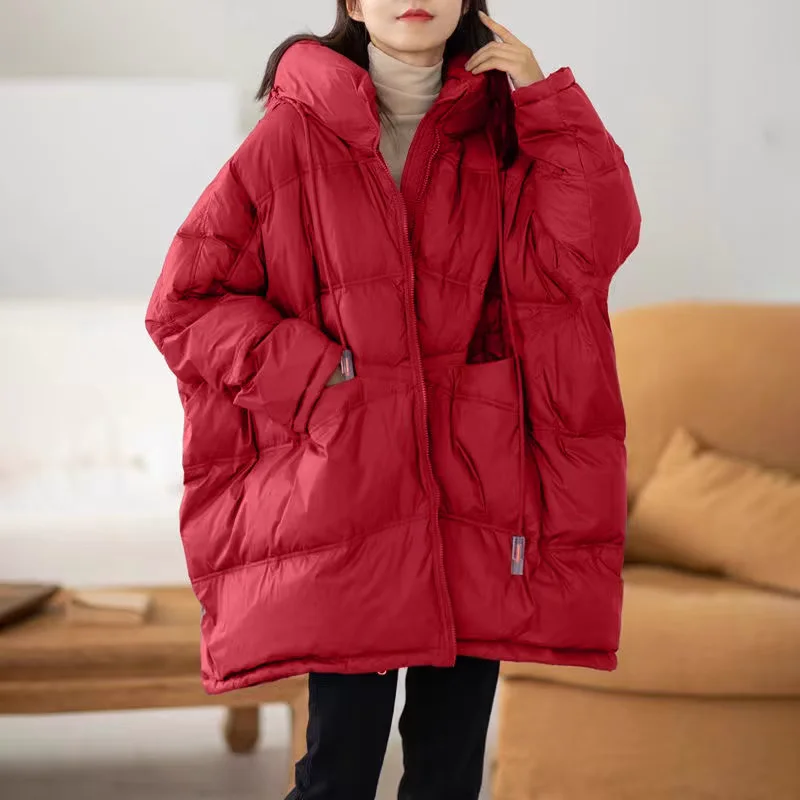 Chaqueta de plumón con capucha de longitud media para mujer, abrigo Parka suelto, cordón, cálido, yardas grandes, otoño, invierno, 2024