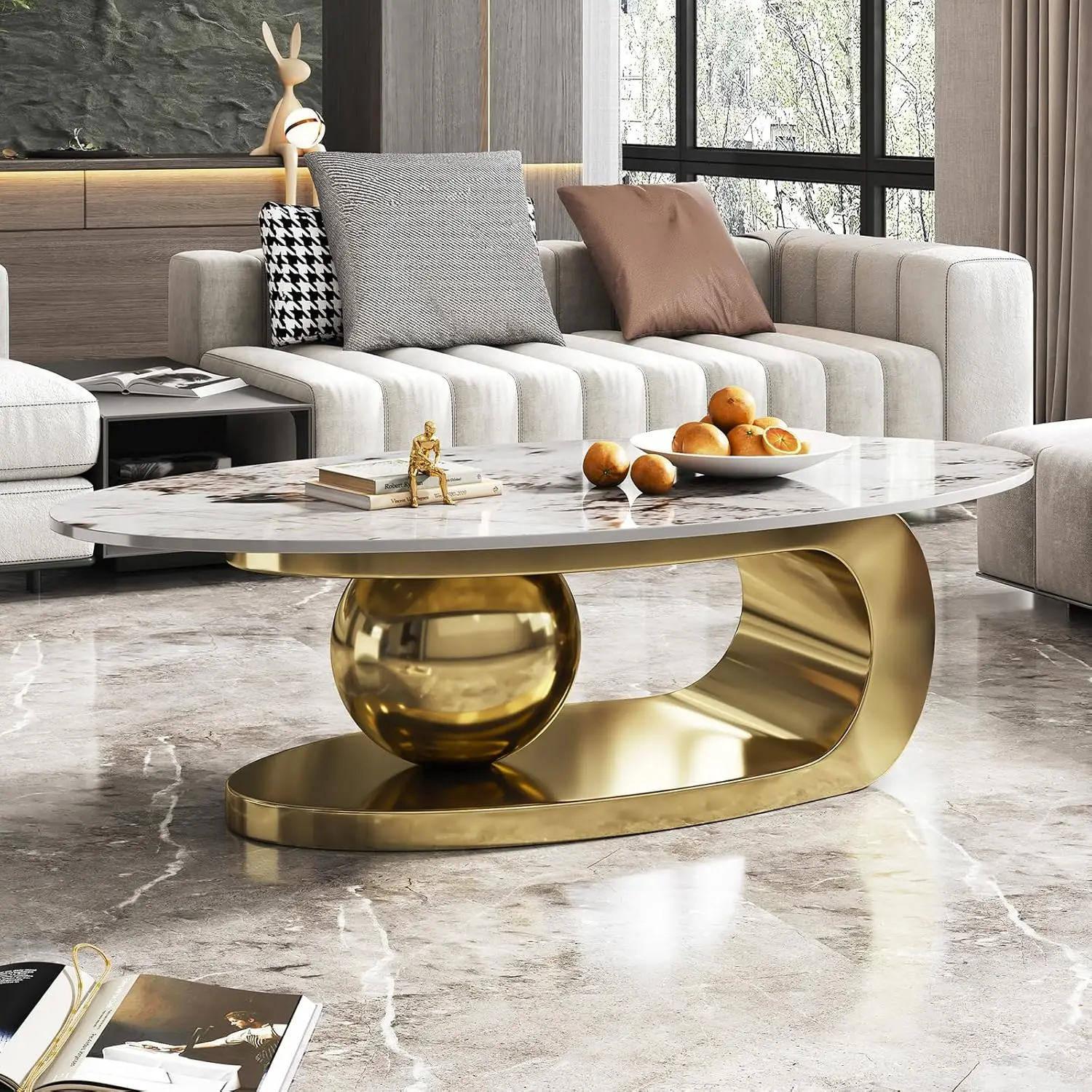 Oval Stone Coffee Table with Abstract Gold Metal Base - Perfect Centerpiece for Stylish Living Rooms-Gold,51