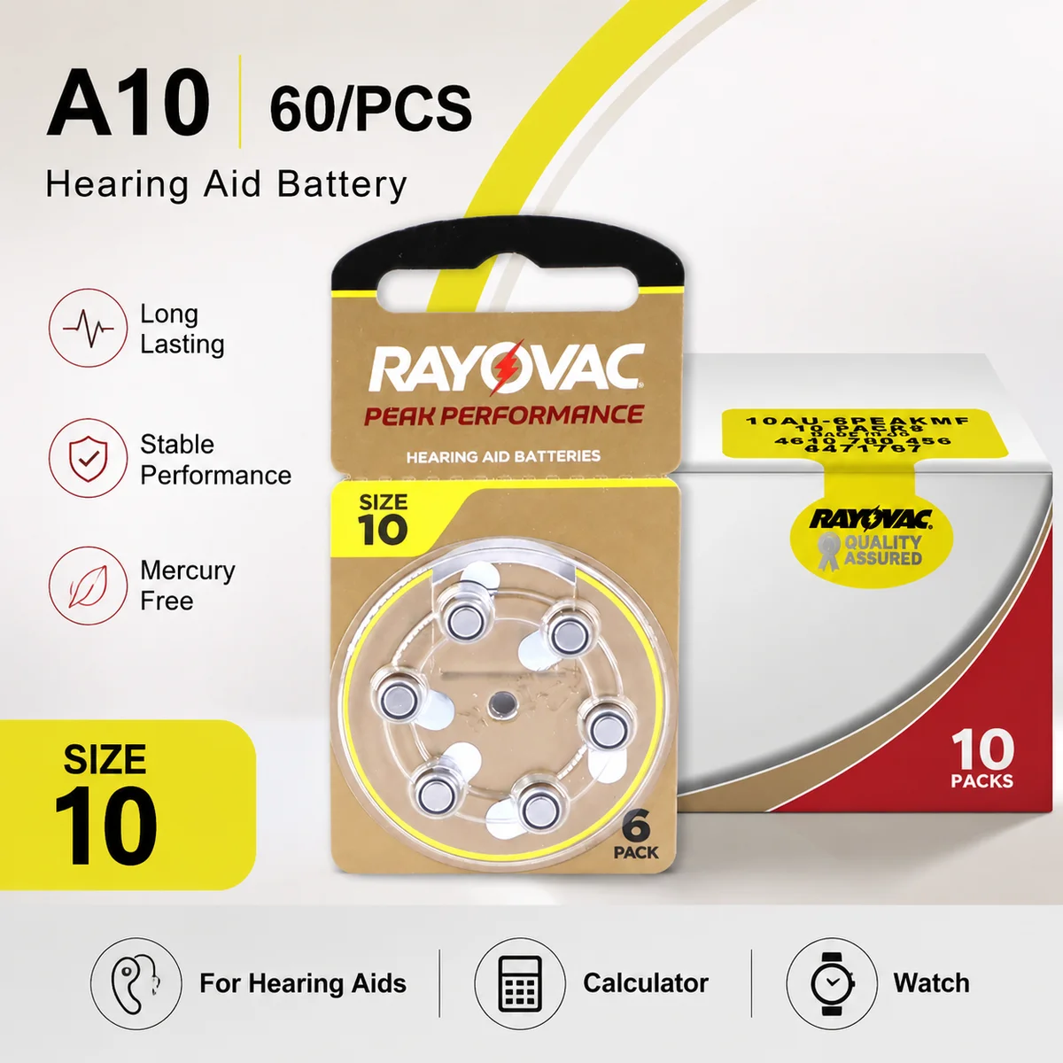 Hearing Aid Button Cell Battery A10 PR70 Size 10 60PCS High Performance Replacement Batteries for Hearing Aids Pack