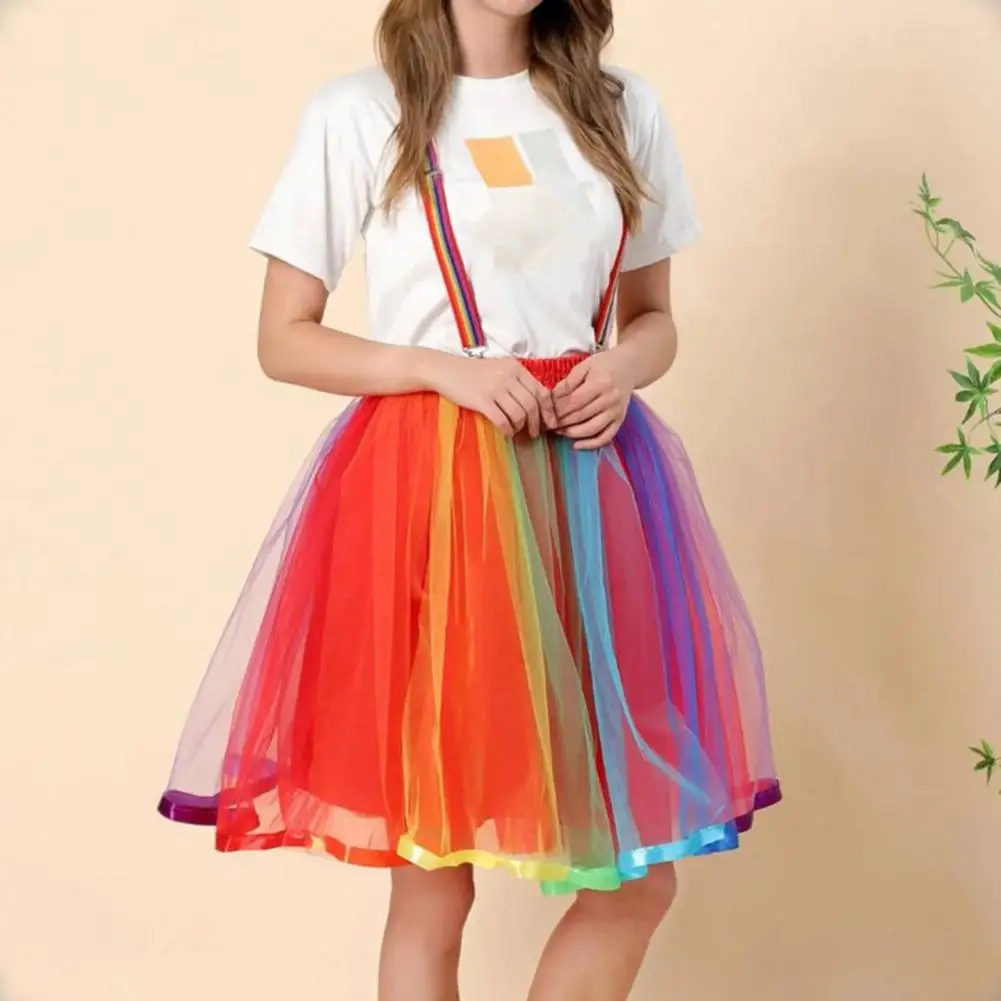 Elastic Waist Gauze Skirt Ribbon Edge Skirt Rainbow Color Multi Layer Mesh Skirt with Elastic Waist Ribbon Edge Women's Colorful