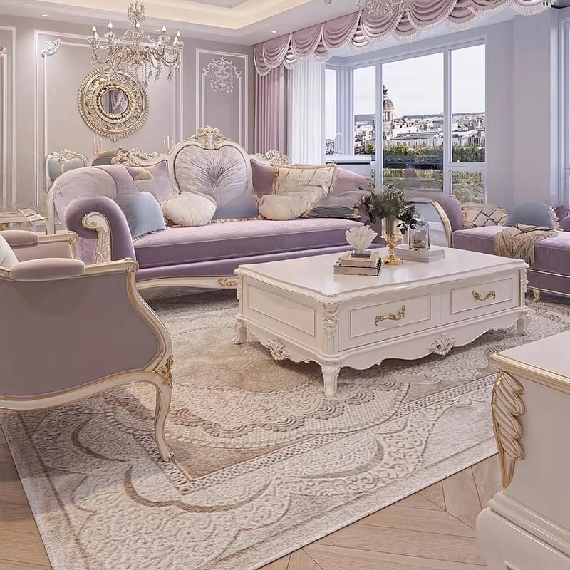 French Light Luxury Court Solid Wood Carving Flower Fabric Sofa Living Room Large Apartment Three-person Combination