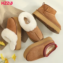 KZZO Fashion Ultra Mini Platform Snow Boots Australia Genuine Leather Women Wool Fur Ankle Thick Sole Winter Warm Shoes Maroon