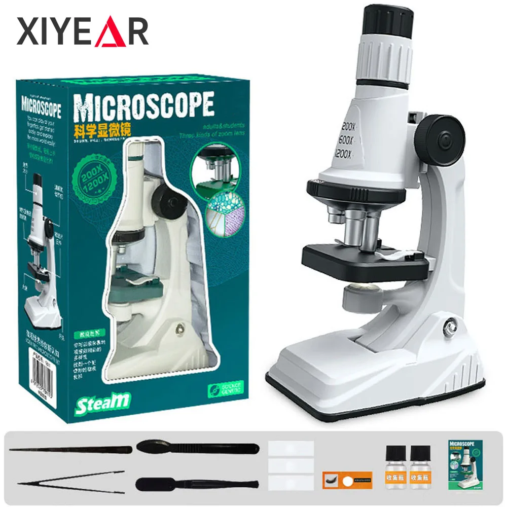 Children Microscope Kit 200x 600x 1200x Biological Science Stem Toy School Home Educational Pocket Microscope With LED Light