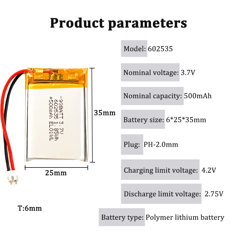 Akumulatory litowo-polimerowe Lipo 3.7V 500mAh 602535 do słuchawek Bluetooth, urządzeń kosmetycznych, zabawek elektrycznych, oświetlenia LED — zdjęcie produktu 5
