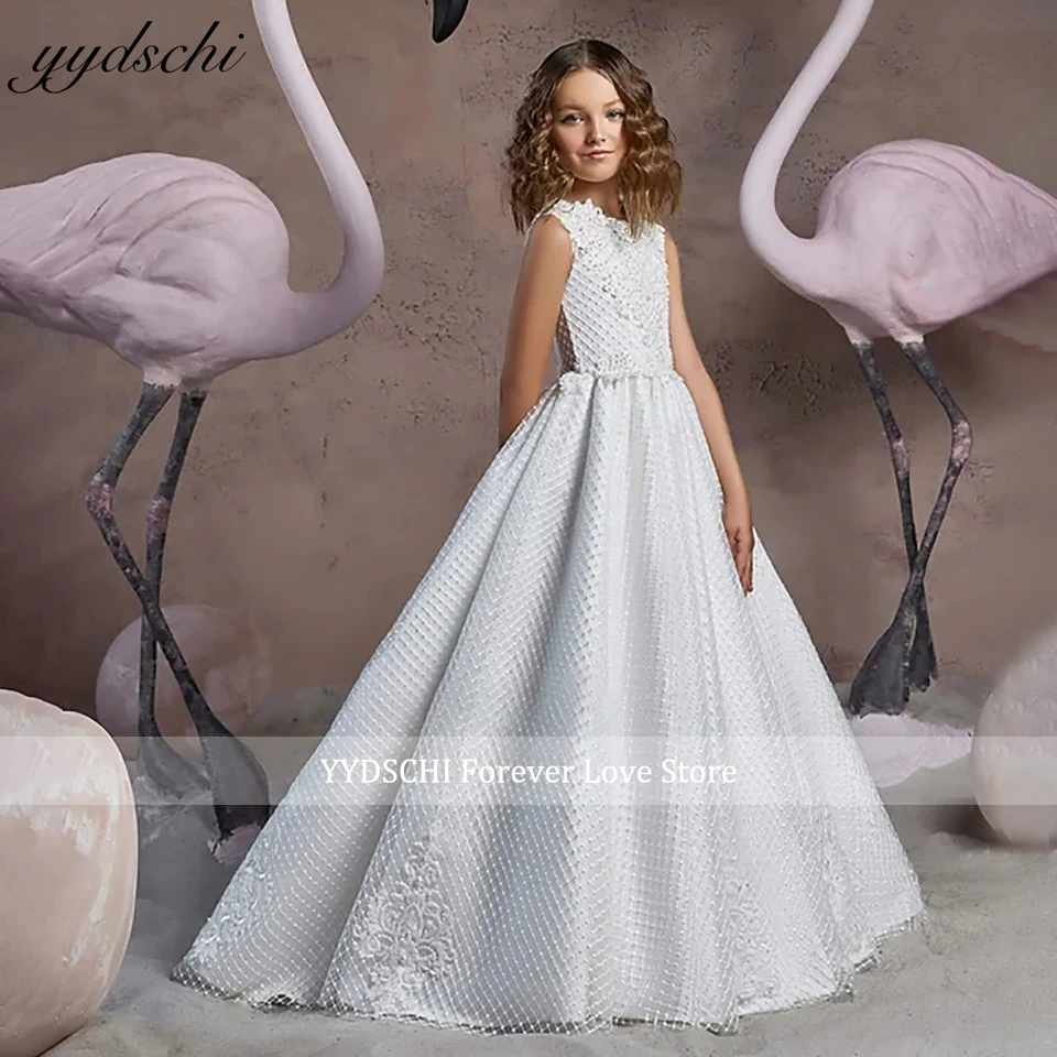 

Customized Sparkly Pearls Beading A-Line Flower Girl Dress 2024 O-Neck Princess Pageant Birthday Party Kids First Communion Gown