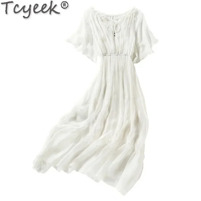 Tcyeek-Vestido Midi de Seda Real 100% Mulberry, vestido com renda na moda, cor pura, verão, novo, 2024