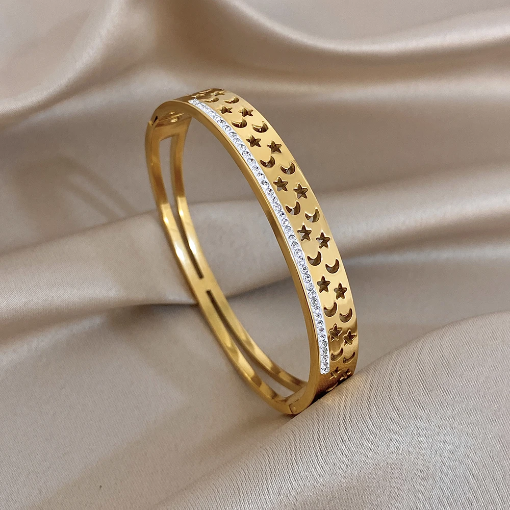 

Simple Hollow Star Moon Stainless Steel Bracelet for Women Smooth Gold Plated Waterproof Spring Bangle Daily Jewelry Accessories