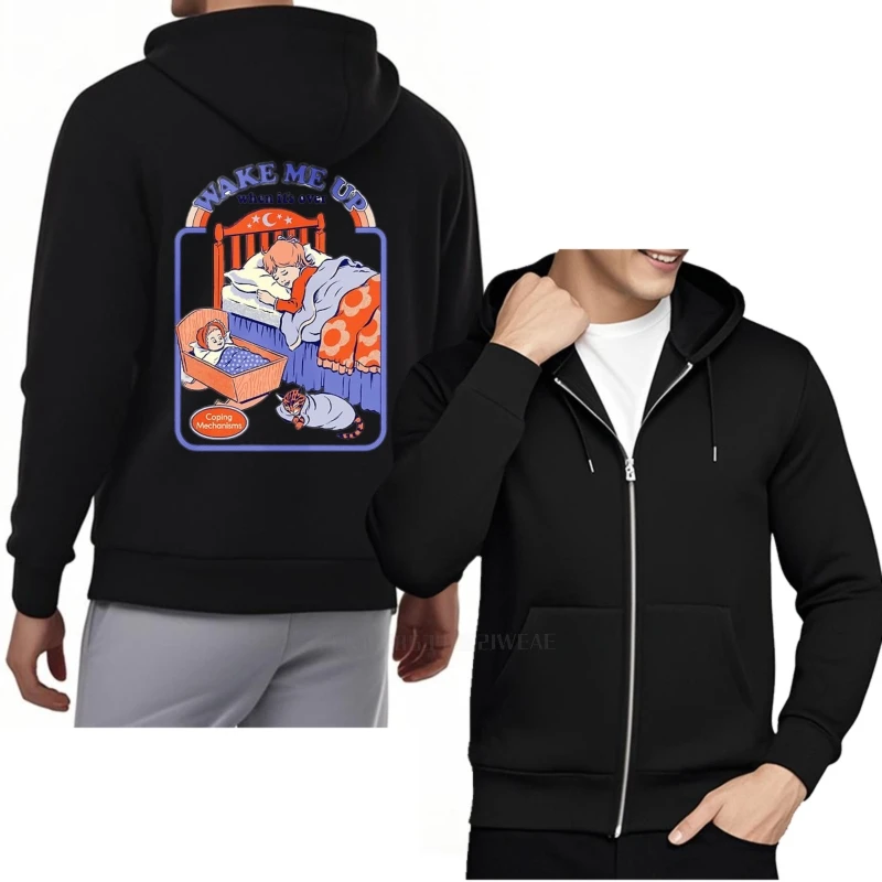 Treino outono com capuz acordar-me dormir gato cama homem streetwear zip-up pulôver moletom com zíper retro outono primavera