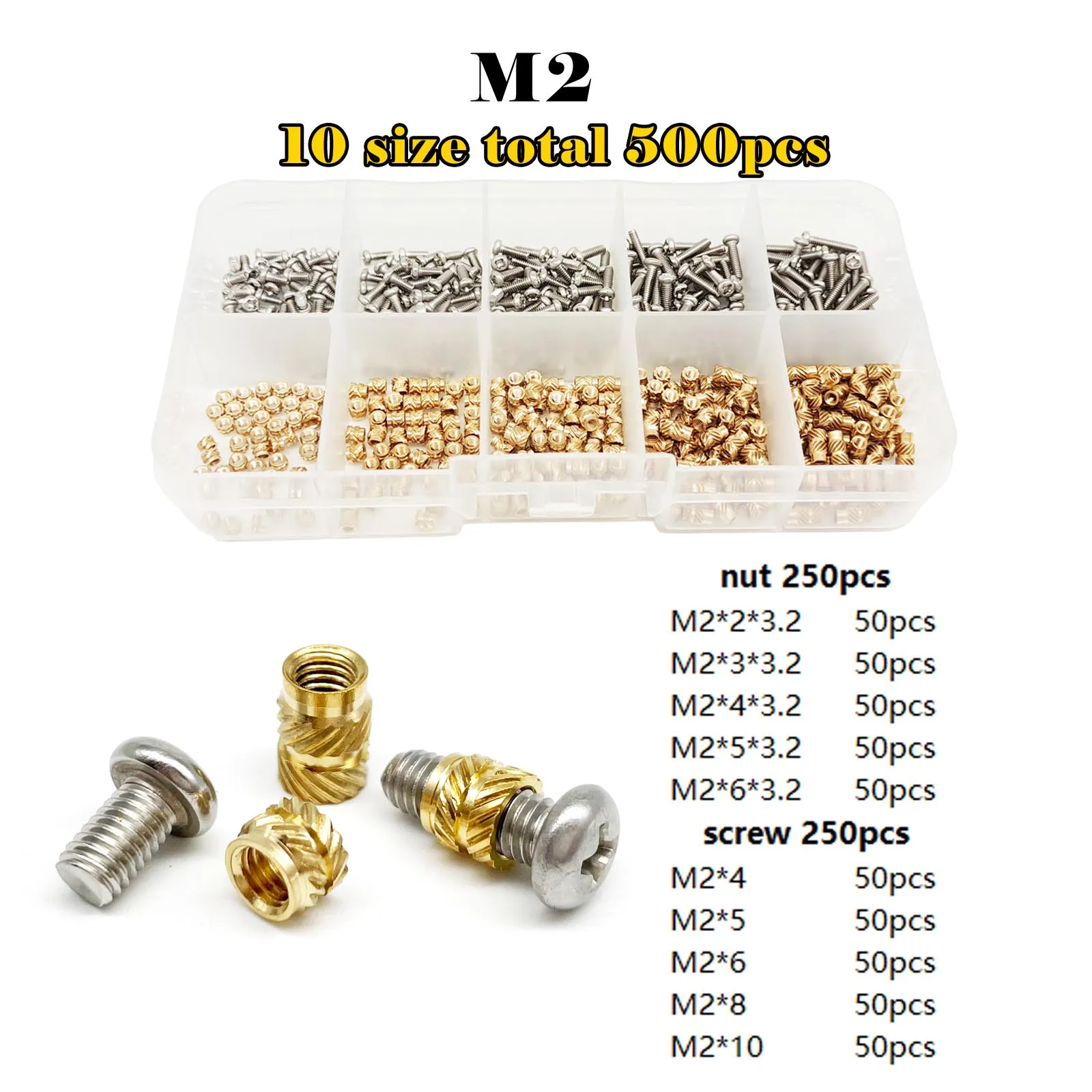Messing Kupfer eingebettete Einsatzmutter Schraubensatz Set M1.4M1.6 M2 M2.5 M3 M4 M5 M6 für Wärmeleit-Injektion 3D-Druck-Twill-Rändelgewinde – Detail 7