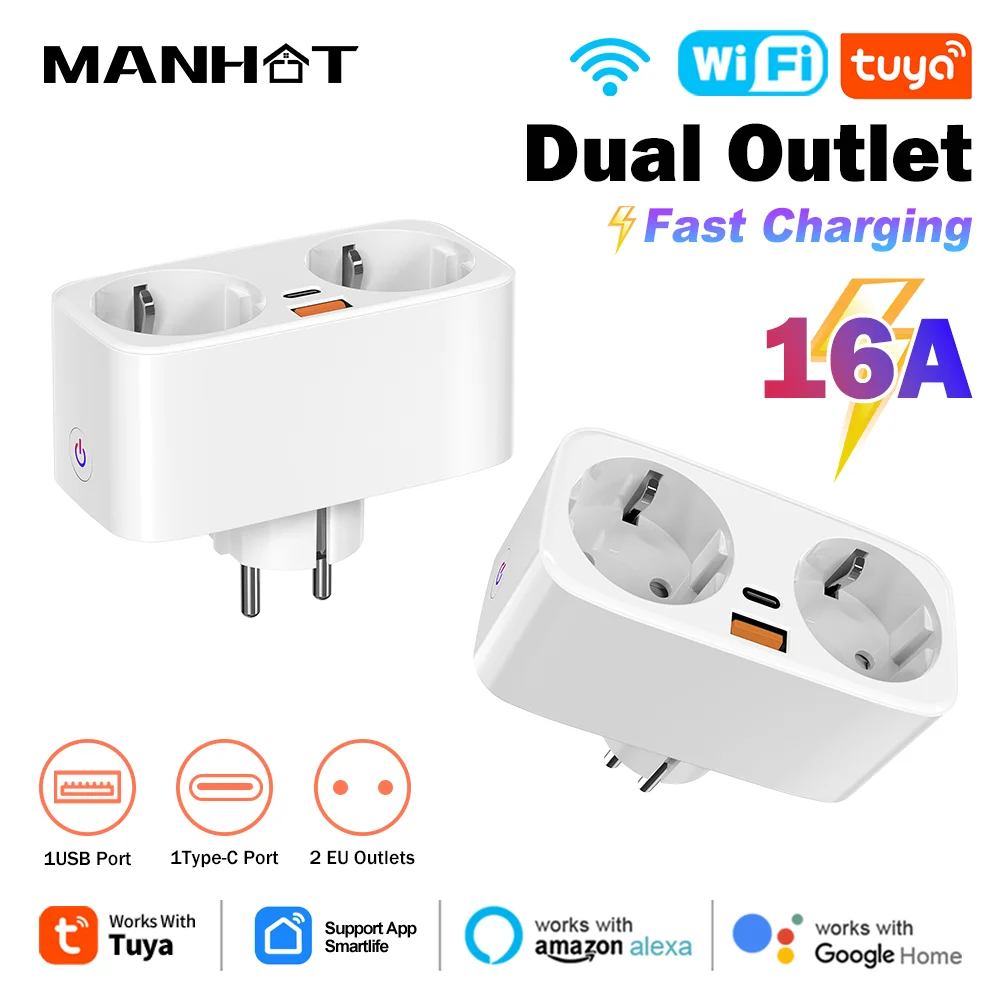 Tuya 16A WiFi Smart EU Plug PD Fast Charge Smart Plug 2 in 1 Socket Smart Dual Outlet Work With Alexa Google Assistant